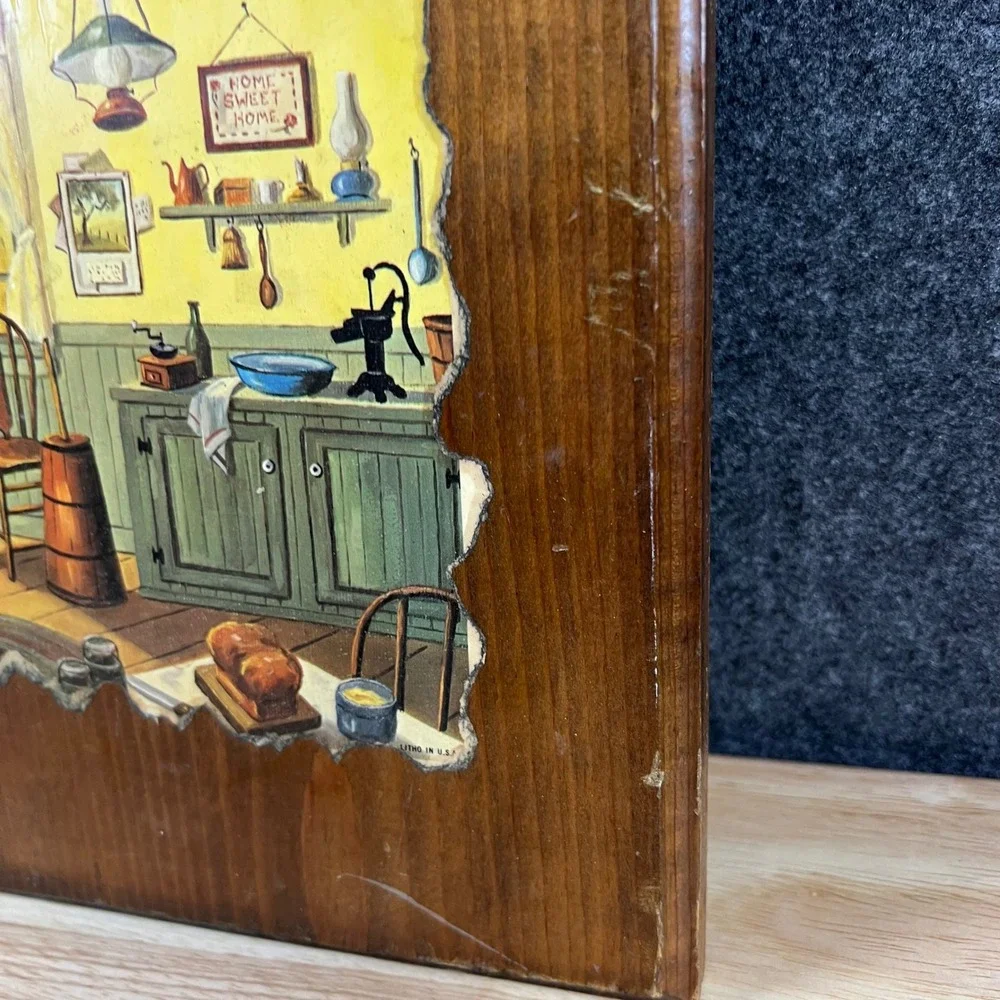 Vintage Jean Spicer Wood Plaque General Store and Kitchen Lithograph Americana